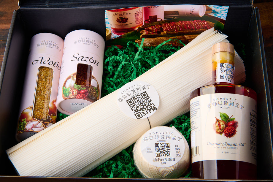 Pasteles Edition gift box with oil, seasonings, paper and twine